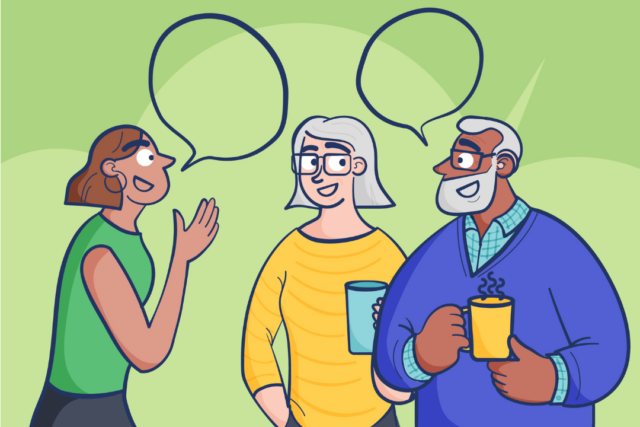 An illustration of three people talking. One person wears a hearing aid.